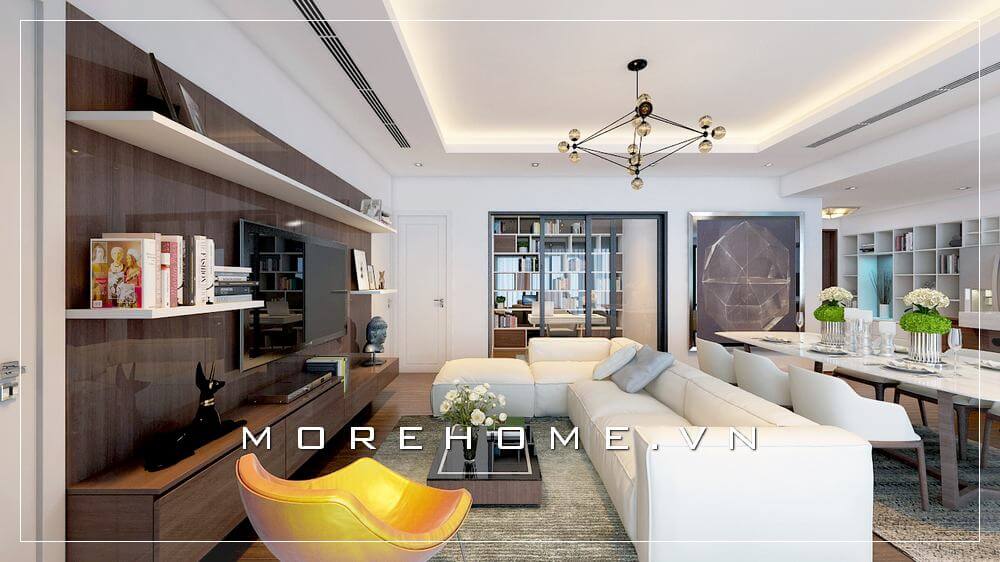 Tối ưu không gian với thiết kế sofa hiện đại kiểu dáng góc tinh tế từ sắc trắng trẻ trung sang trọng phù hợp cho phòng khách căn hộ chung cư.